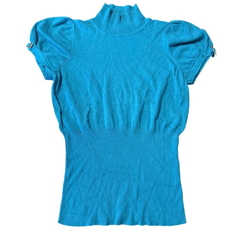 Express Design Studio Blue Puff Sleeve Mock Neck Sweater Top‎ L Y2K Retro Ribbed